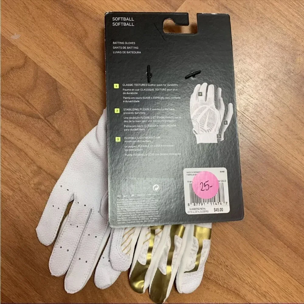NWT Women's Nike Softball Hyperdiamond Pro Batting Gloves White Gold LARGE